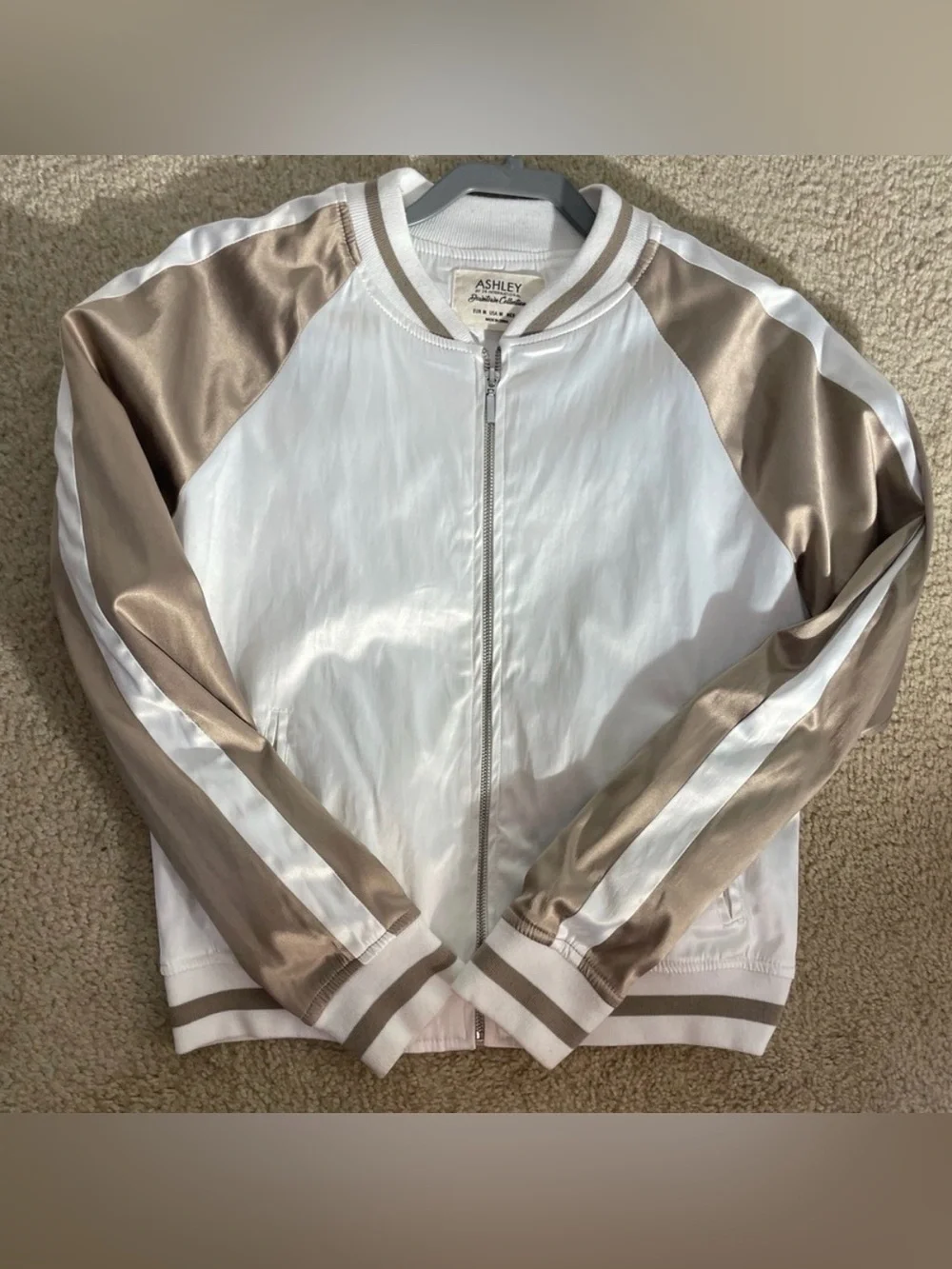 Classic Satin Bomber Jacket Beige Ivory Sz M Y2K Streetwear Festival Minimalist